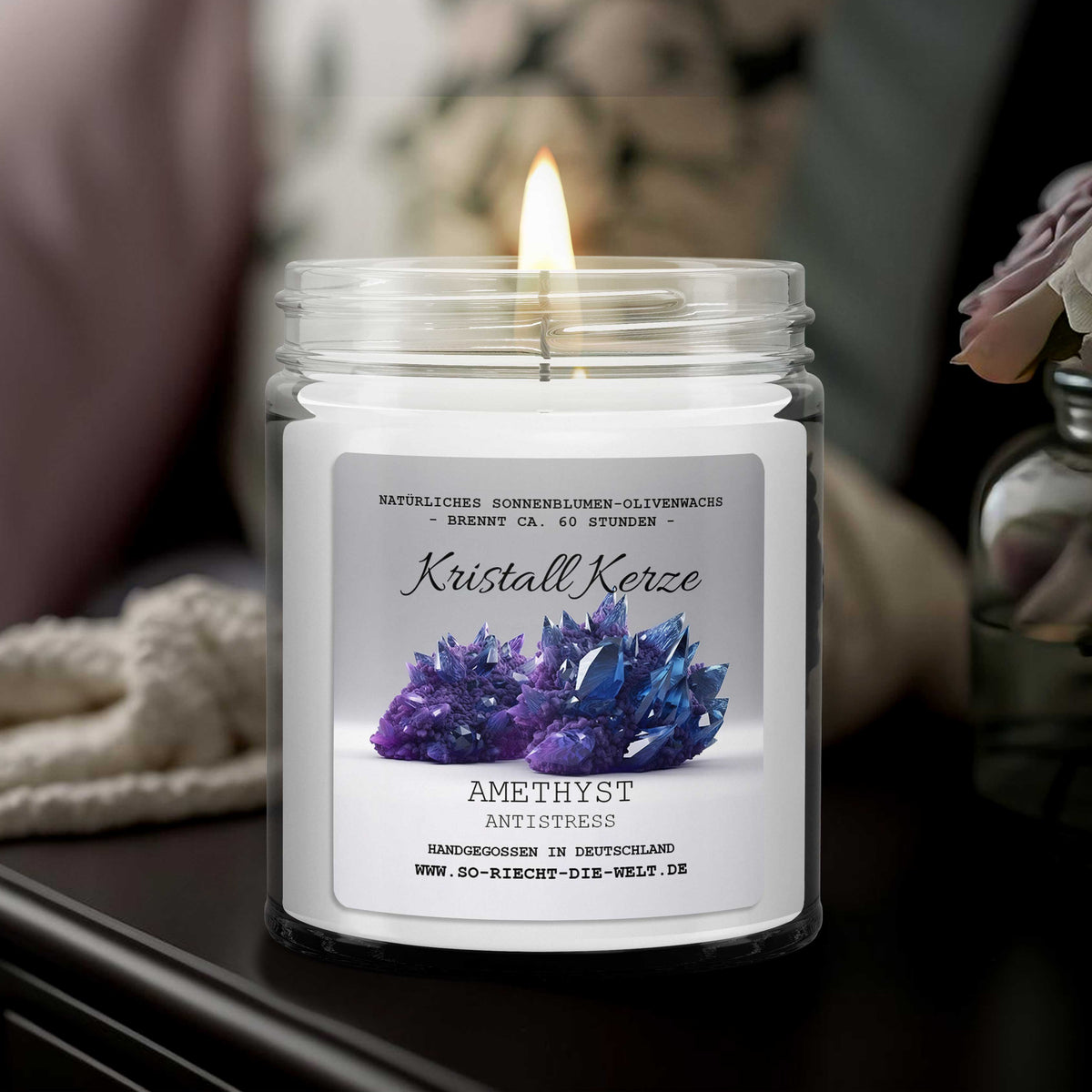 ANTISTRESS - Amethyst Kristall Duftkerze - Wasserjasmin | Meersalzrose | Ozon - Heilende Kerze, Edelsteine, Reiki, Kristall, Stein, Heilung, Reinigung, Meditation