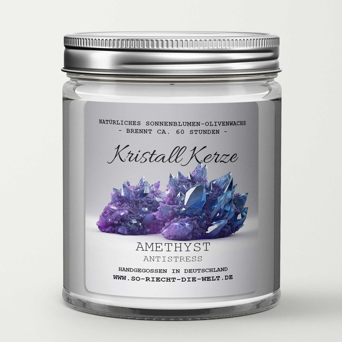 ANTISTRESS - Amethyst Kristall Duftkerze - Wasserjasmin | Meersalzrose | Ozon - Heilende Kerze, Edelsteine, Reiki, Kristall, Stein, Heilung, Reinigung, Meditation
