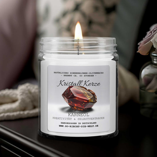 KREATIVITÄT & SELBSTVERTRAUEN - Karneol Kristall Duftkerze - Bergamotte | Kaschmir - Heilende Kerze, Edelsteine, Reiki, Kristall, Stein, Heilung, Reinigung, Meditation, Geschenk
