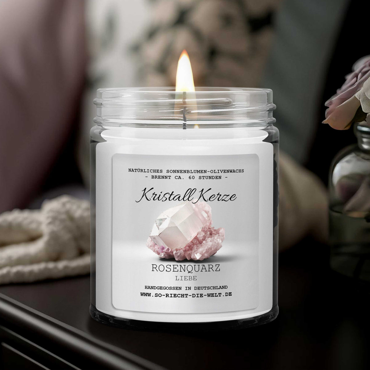 LIEBE - Rosenquarz Kristall Duftkerze - Kaschmir |  Patchouli | Jasmin - Heilende Kerze, Edelsteine, Reiki, Kristall, Stein, Heilung, Reinigung, Meditation