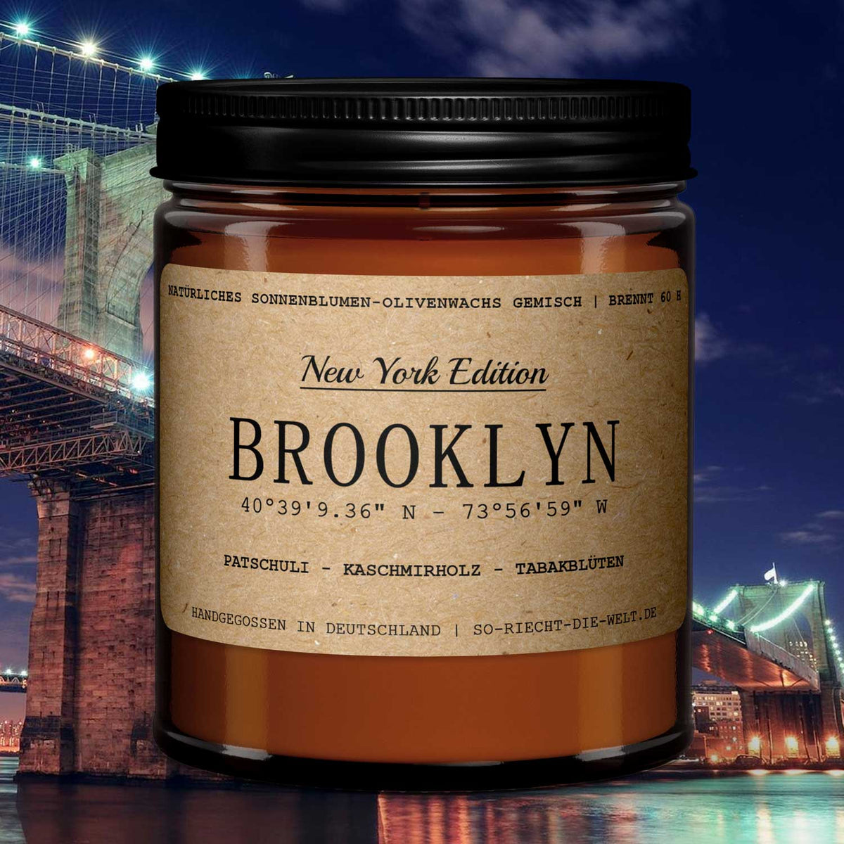 Brooklyn Duftkerze - New York Edition - Patschuli | Kaschmierholz | Tabakblüten