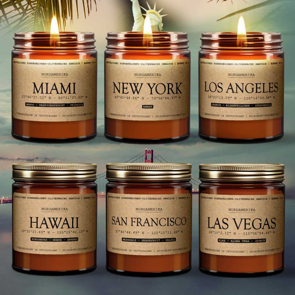 Großes USA Paket - 6 Duftkerzen - Las Vegas | San Francisco | Hawaii | New York | Los Angeles | Miami