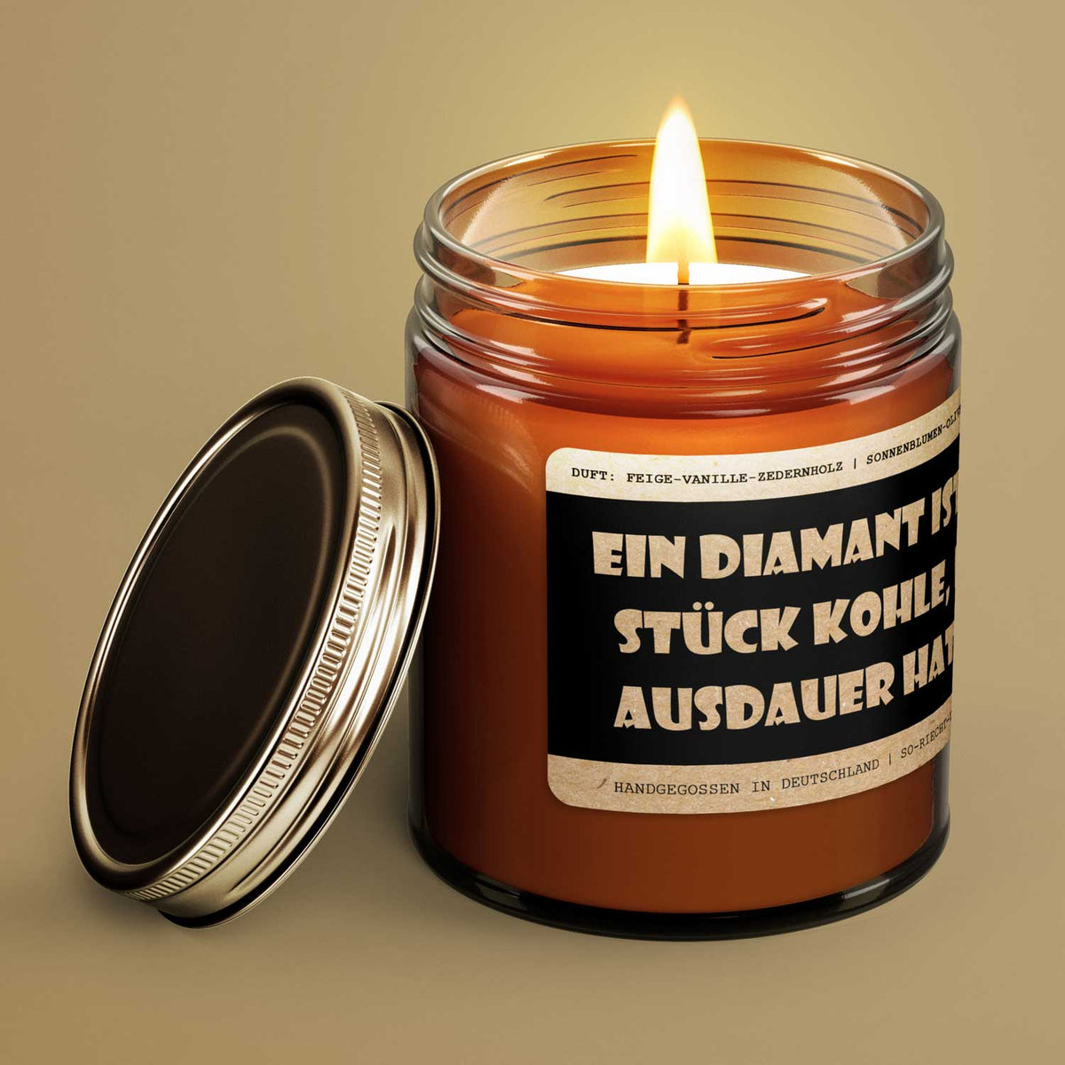 Motivations-Botschaft Kerze "Ein Diamant ist ein Stück Kohle, das Ausdauer hatte" Duft: Feige-Vanille-Zedernholz