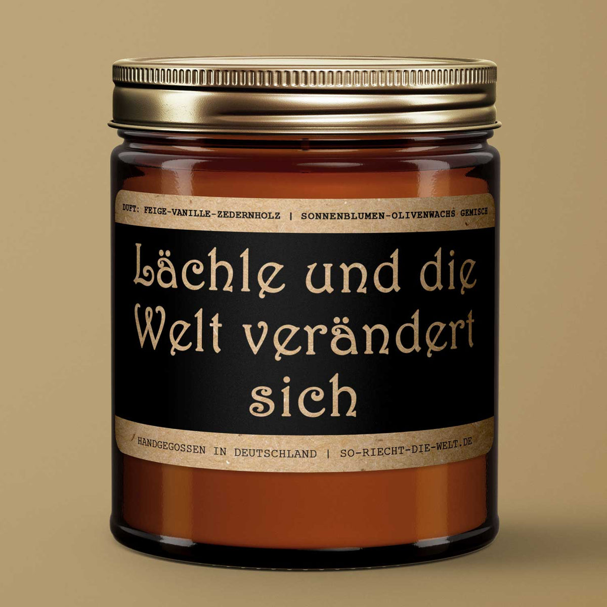 Motivations-Botschaft Kerze "Lächle und die Welt verändert sich" Duft: Feige-Vanille-Zedernholz