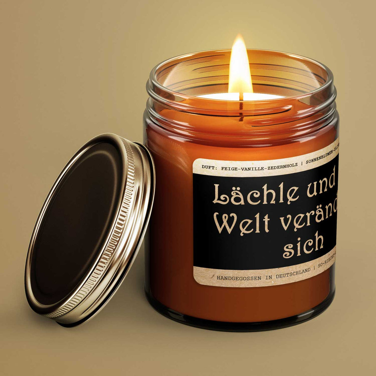 Motivations-Botschaft Kerze "Lächle und die Welt verändert sich" Duft: Feige-Vanille-Zedernholz