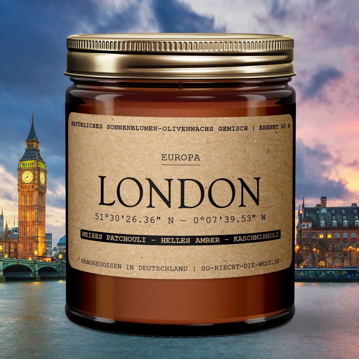 London Duftkerze - weißes Patchouli | helles Amber | Kaschmirholz