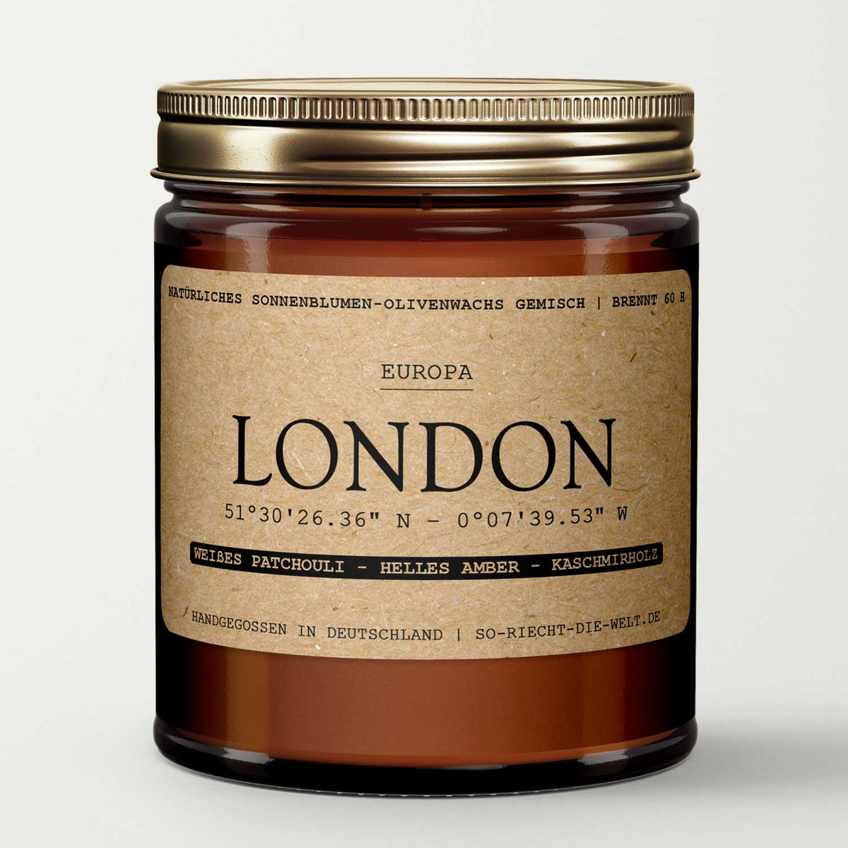 London Duftkerze - weißes Patchouli | helles Amber | Kaschmirholz