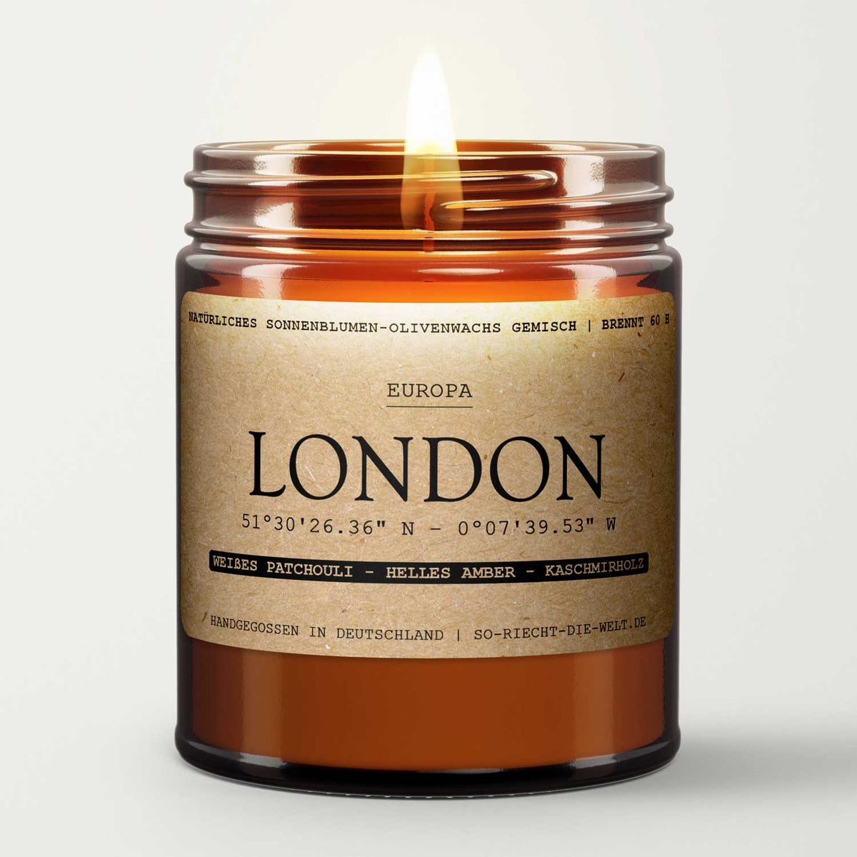 London Duftkerze - weißes Patchouli | helles Amber | Kaschmirholz