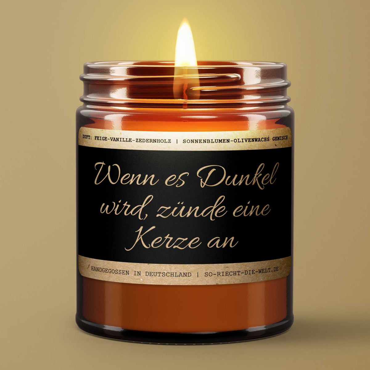 Motivations-Botschaft Kerze "Wenn es Dunkel wird, zünde eine Kerze an" Duft: Feige-Vanille-Zedernholz